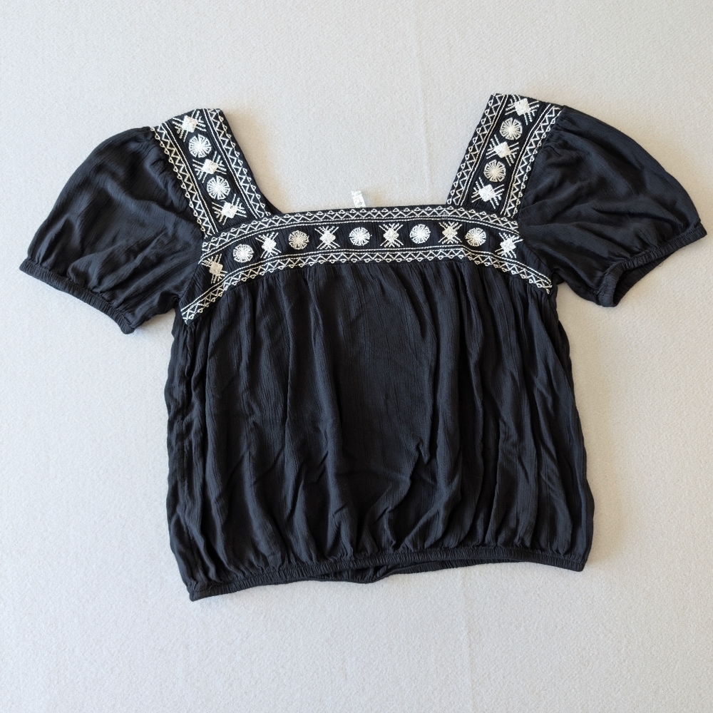 Vintage Y2K 90s Boho Embroidered Square Neck Puff Sleeve Black Peasant Blouse S